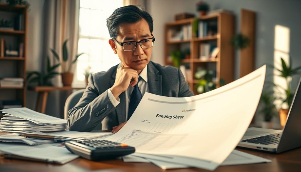 A professional business setting showing a small to medium-sized enterprise owner looking thoughtfully at a balance sheet, with evident concern about a "funding gap" depicted visually as a large, ominous empty space in the middle. In the foreground, a cluttered desk with financial documents, a calculator, and a laptop. The middle ground features the owner, a middle-aged Asian man in a smart suit, gazing at the documents with an expression of determination. In the background, the warm glow of a financial advisor's office can be seen, with shelves of books and potted plants creating a welcoming atmosphere. Soft, natural lighting filters through a window, casting gentle shadows that evoke a sense of urgency and contemplation, emphasizing the theme of exploring alternative funding sources outside traditional banks.