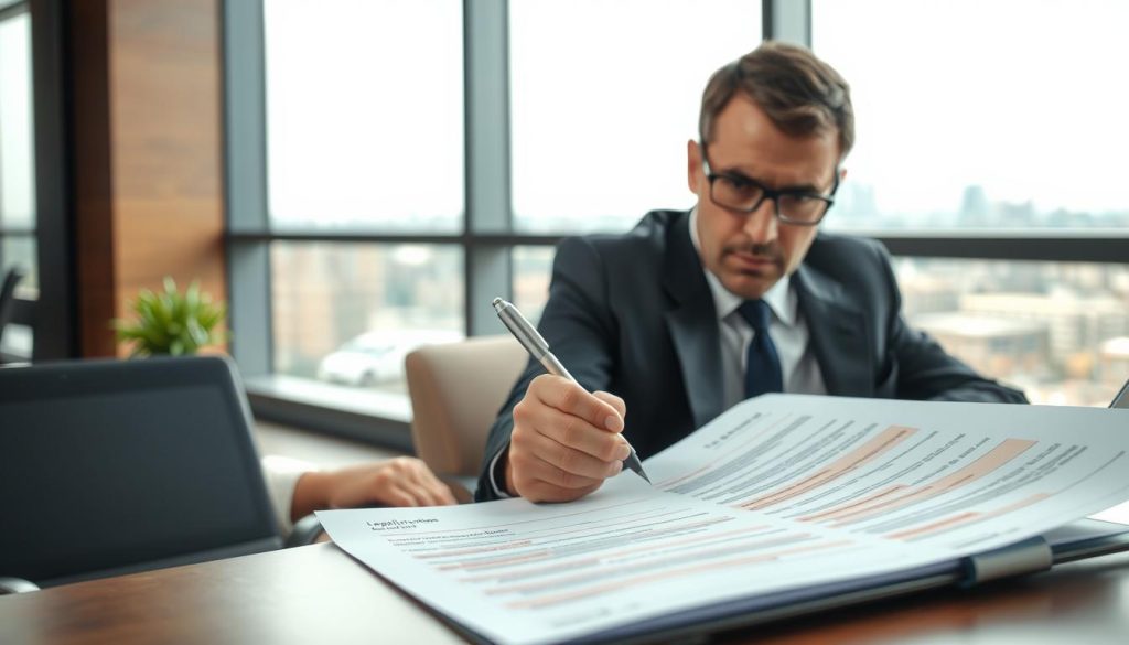 A professional business setting where a person, dressed in formal business attire, is studiously reviewing a loan application document. The foreground features a close-up of the application form with various fields marked in red, indicating errors. In the middle ground, the individual is using a pen, looking thoughtful and slightly concerned, as they analyze the discrepancies. The background includes a modern office with a large window showing a cityscape, suggesting a serious yet focused atmosphere. Soft afternoon light filters through, creating a calm yet tense mood. The lens captures the subject in sharp detail, emphasizing the determination on their face, illustrating the theme of distinguishing between honest mistakes and intentional falsifications.
