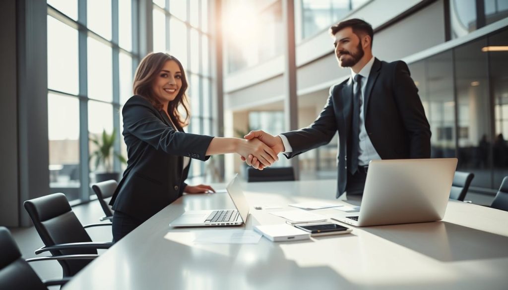 A professional business setting with a focus on the concept of "guarantee" in corporate lending. In the foreground, a strong, confident businesswoman and businessman shake hands, both dressed in smart business attire, symbolizing trust and agreement. The middle ground features a sleek conference table with a laptop and financial documents scattered around, hinting at a discussion about loans. The background shows modern office architecture with large windows letting in soft, natural light, creating an optimistic atmosphere. The lighting accentuates the professionalism and seriousness of the subject. The angle is slightly elevated, capturing both the handshake and the surroundings, emphasizing the importance of guarantees in corporate financing.