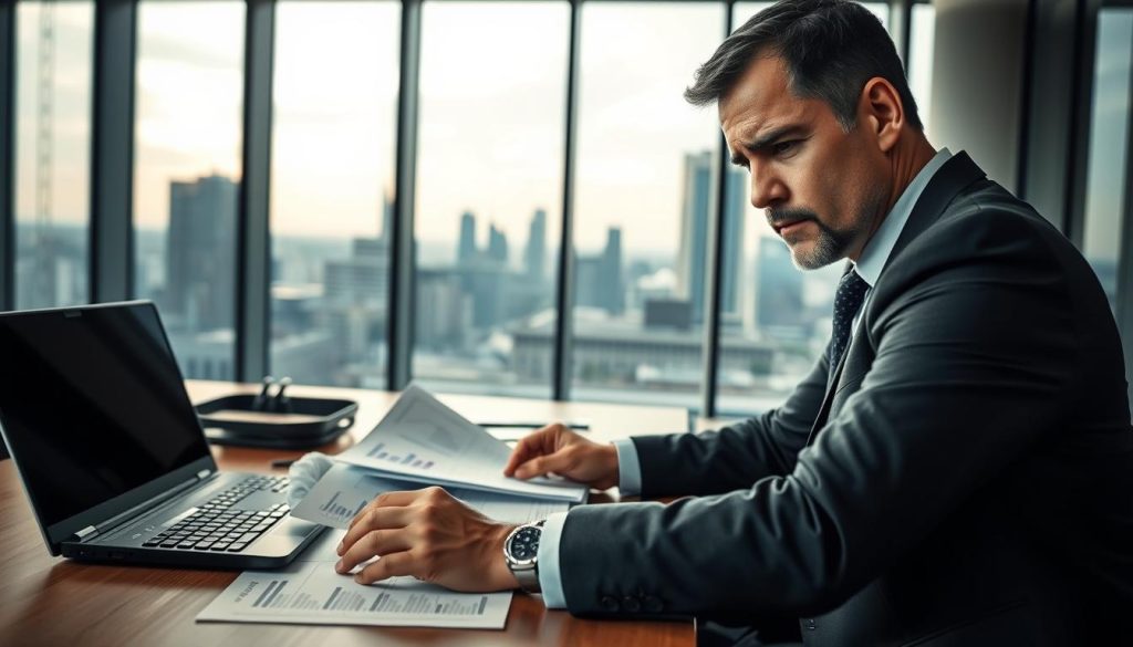 A professional businessman in a modern office setting, conveying the theme of "guarantee risk" in corporate loans. In the foreground, the man, wearing a sharp suit and looking concerned, is reviewing documents on a desk filled with financial papers, a calculator, and a laptop. The middle layer features charts and graphs displayed on the screen, symbolizing financial analysis and risk assessment. In the background, large windows show a city skyline, hinting at business growth and challenges. Soft, natural lighting filters through, creating a serious yet focused atmosphere, with a slight depth of field to emphasize the businessman’s expression. The overall mood is tense yet professional, highlighting the complexities of financial obligations and the legal responsibilities tied to guarantee risks. A professional businessman in a modern office setting, conveying the theme of "guarantee risk" in corporate loans. In the foreground, the man, wearing a sharp suit and looking concerned, is reviewing documents on a desk filled with financial papers, a calculator, and a laptop. The middle layer features charts and graphs displayed on the screen, symbolizing financial analysis and risk assessment. In the background, large windows show a city skyline, hinting at business growth and challenges. Soft, natural lighting filters through, creating a serious yet focused atmosphere, with a slight depth of field to emphasize the businessman’s expression. The overall mood is tense yet professional, highlighting the complexities of financial obligations and the legal responsibilities tied to guarantee risks.