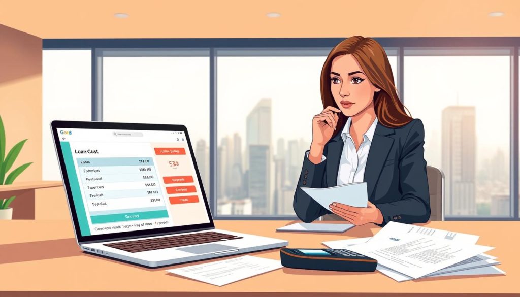 A professional digital illustration depicting a loan platform with cost elements. In the foreground, a modern office desk showcases a laptop displaying a loan application interface, surrounded by financial documents and a calculator. In the middle ground, a thoughtful businesswoman in professional attire analyzes data, her face reflecting concern and concentration. Behind her, a large window offers a cityscape view, with soft daylight filtering through, creating a calm and focused atmosphere. The overall color palette is warm and inviting, suggesting a sense of trust and clarity in financial matters. The composition highlights the seriousness of understanding fees associated with loan platforms, emphasizing professionalism and attentiveness.
