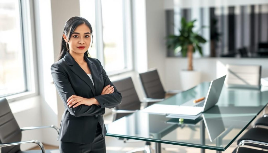 A professional female guarantor in a well-lit modern office setting, dressed in a tailored business suit, stands confidently with her hands crossed in front of her. She is Asian, with an expression of determination and professionalism, as she looks towards the camera. In the background, there is a sleek glass conference table with legal documents and a laptop, suggesting a business meeting atmosphere. Soft natural light filters through large windows, casting gentle shadows that enhance the scene. The focus is on her, highlighting her role as a guarantor in the corporate loan process. The image conveys a sense of trust, responsibility, and professionalism, with a clean, contemporary aesthetic. A professional female guarantor in a well-lit modern office setting, dressed in a tailored business suit, stands confidently with her hands crossed in front of her. She is Asian, with an expression of determination and professionalism, as she looks towards the camera. In the background, there is a sleek glass conference table with legal documents and a laptop, suggesting a business meeting atmosphere. Soft natural light filters through large windows, casting gentle shadows that enhance the scene. The focus is on her, highlighting her role as a guarantor in the corporate loan process. The image conveys a sense of trust, responsibility, and professionalism, with a clean, contemporary aesthetic.