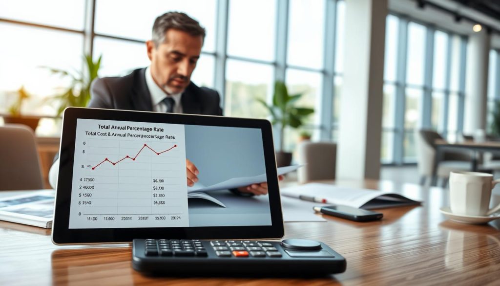 A professional financial advisor reviewing documents in an office setting, with a focus on a chart displaying "Total Cost Annual Percentage Rate" prominently featured on a sleek digital tablet in the foreground. The advisor, dressed in formal business attire, appears engaged and thoughtful, analyzing the data. In the middle ground, a modern desk with financial reports, a calculator, and a coffee cup add context to the scene. The background showcases a bright and contemporary office environment with large windows allowing natural light to pour in, enhancing the atmosphere of professionalism. The overall mood conveys diligence and clarity, emphasizing the importance of understanding fees and rates when considering auto loans.