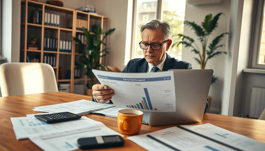 A professional financial planner sitting at a desk, reviewing a detailed cash flow management chart on a laptop. The foreground features neatly arranged financial documents, a calculator, and a cup of coffee, suggesting a focused working atmosphere. In the middle, the planner, a middle-aged individual in smart business attire, thoughtfully analyzes the data, reflecting a sense of confidence and clarity. The background shows a well-organized office with shelves filled with financial books and a plant, enhancing the professional vibe. Warm, natural lighting streams in from a nearby window, creating a welcoming and productive ambiance. The angle is slightly above eye level, providing a comprehensive view of the scene while maintaining an intimate focus on the planner's engagement with their work. The overall mood is purposeful and organized, emphasizing the importance of meticulous financial planning.