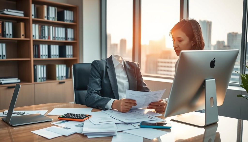 A professional loan agent character, seated at a modern desk in a well-lit office environment, wearing a tailored business suit. The agent, a middle-aged Asian woman, is focused on her computer, analyzing loan documents and providing consultation. On the desk, scattered papers, a financial calculator, and a smartphone illustrate the busy loan processing scene. In the background, a bookshelf filled with business books and a window showcasing a city skyline bathed in soft afternoon sunlight create an inspiring atmosphere. The image conveys a sense of professionalism, expertise, and trustworthiness. Capture this scene from a slightly elevated angle to emphasize the agent’s diligent work while keeping the environment organized and inviting.