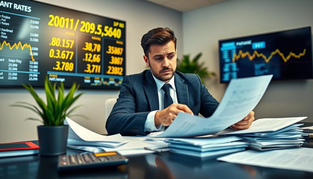 A professional-looking financial advisor sitting at a sleek, modern desk cluttered with loan documents and financial charts, conveying a sense of confusion and concern. The advisor, dressed in a sharp business suit, is analyzing paperwork under bright, warm lighting that creates an inviting atmosphere. In the background, a wall-mounted digital screen displays fluctuating interest rates, hinting at the loan market's volatility. The foreground features a calculator and a potted plant, adding a touch of organization to the setting. The overall mood is one of contemplation and inquiry, illustrating the dilemma of whether refinancing loans truly leads to savings. The image is captured with a slight depth of field, focusing on the advisor's thoughtful expression while softly blurring the background elements.