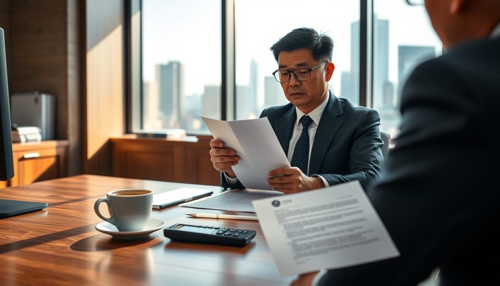 A professional-looking office scene with a focus on a worried loan applicant sitting across a desk from a bank officer. The applicant, a middle-aged Asian man in a smart business suit, holds an application form with a concerned expression. In the background, a large window reveals a city skyline under soft, natural sunlight, casting gentle shadows across the room. On the desk, a rejection letter sits prominently alongside a cup of coffee and a calculator, symbolizing the common reasons for loan rejection. The mood is tense yet hopeful, conveying the idea of re-evaluation and improvement. The overall color palette is warm and inviting, encouraging a sense of reflection and determination.