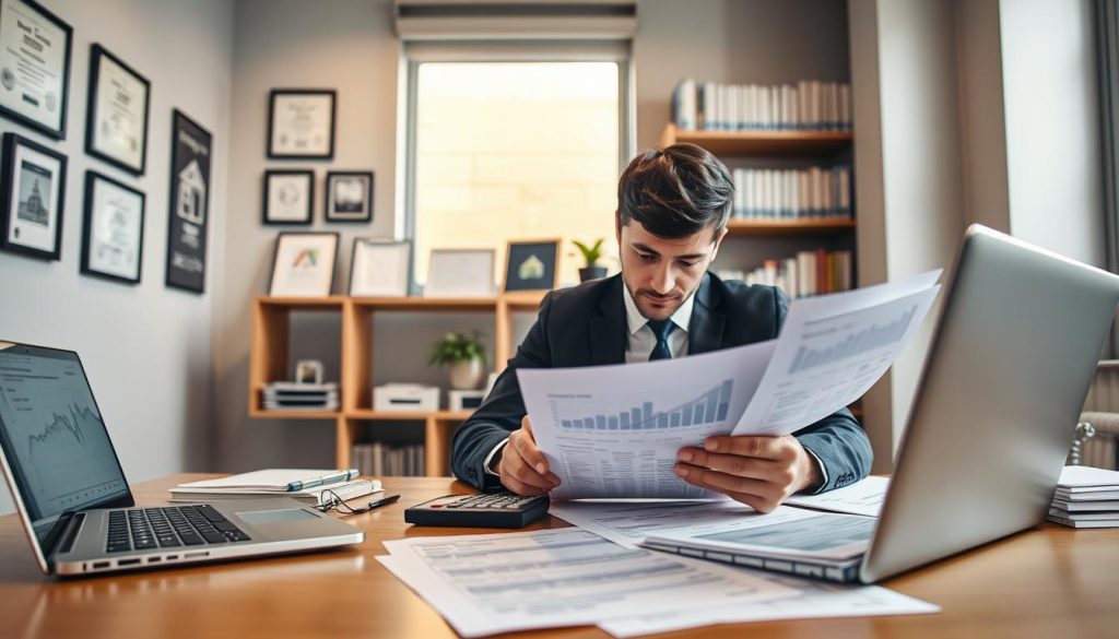 A professional-looking office setting with a modern desk, neatly arranged documents, and a laptop displaying financial graphs. In the foreground, a focused individual in business attire is analyzing various loan application forms, surrounded by a calculator and financial reports. The middle ground features a wall with framed certificates and a large window allowing soft, natural light to filter in, creating a warm, inviting atmosphere. In the background, there are shelves filled with neatly organized books on finance and housing. The overall mood is analytical and serious, reflecting the theme of evaluating existing credit status before applying for a mortgage. The scene is captured from a slight angle to highlight the depth of the office and the individual's concentration. A professional-looking office setting with a modern desk, neatly arranged documents, and a laptop displaying financial graphs. In the foreground, a focused individual in business attire is analyzing various loan application forms, surrounded by a calculator and financial reports. The middle ground features a wall with framed certificates and a large window allowing soft, natural light to filter in, creating a warm, inviting atmosphere. In the background, there are shelves filled with neatly organized books on finance and housing. The overall mood is analytical and serious, reflecting the theme of evaluating existing credit status before applying for a mortgage. The scene is captured from a slight angle to highlight the depth of the office and the individual's concentration.