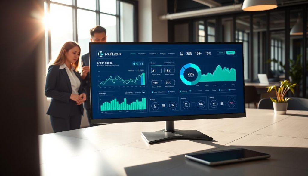 A professional, modern office environment focused on "信用評分" (credit score). In the foreground, a close-up view of a sleek digital credit score dashboard on a high-resolution monitor, displaying vibrant graphs and statistics in shades of blue and green. In the middle ground, a diverse group of business professionals in smart attire, including a Caucasian woman and an Asian man, engaged in a discussion, analyzing the screen with thoughtful expressions. In the background, soft natural light filters through large windows, illuminating the office, creating a warm and inviting atmosphere. The mood is focused yet collaborative, emphasizing the importance of understanding credit scores while maintaining a sense of professionalism and clarity. The composition aims to inspire confidence in managing credit information.