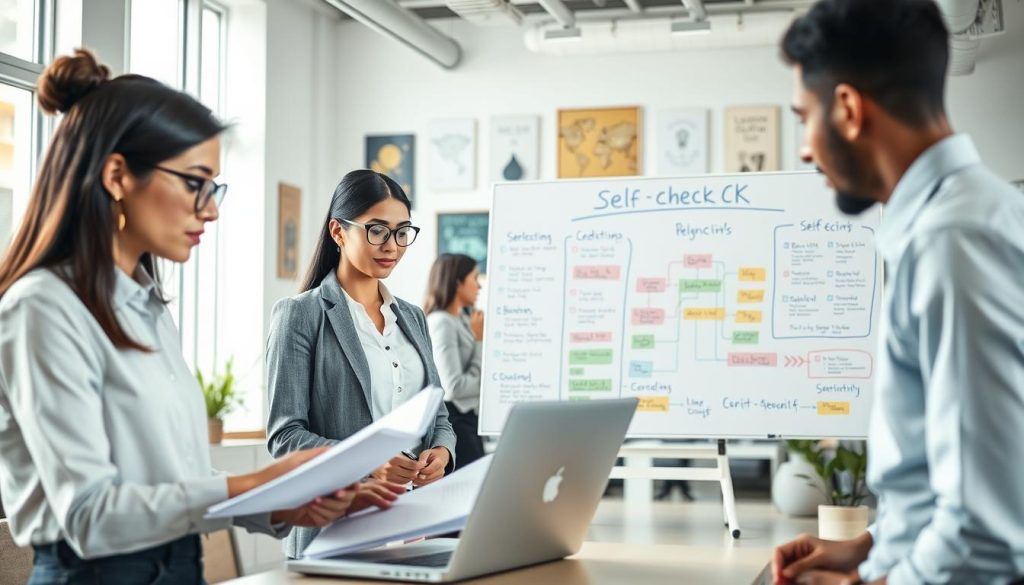 A professional, modern office setting featuring a diverse group of individuals in business attire engaged in a collaborative activity. In the foreground, a focused woman is reviewing documents on a laptop, taking notes on a notepad. The middle layer showcases a large whiteboard filled with colorful charts and flow charts that outline the self-check process for credit records (聯徵自查流程). In the background, an inviting, well-lit office with potted plants and motivational posters enhances the atmosphere of productivity and teamwork. Soft natural light filters through large windows, creating a warm and encouraging ambiance. The scene should evoke a sense of professionalism, diligence, and positive engagement in financial self-assessment.