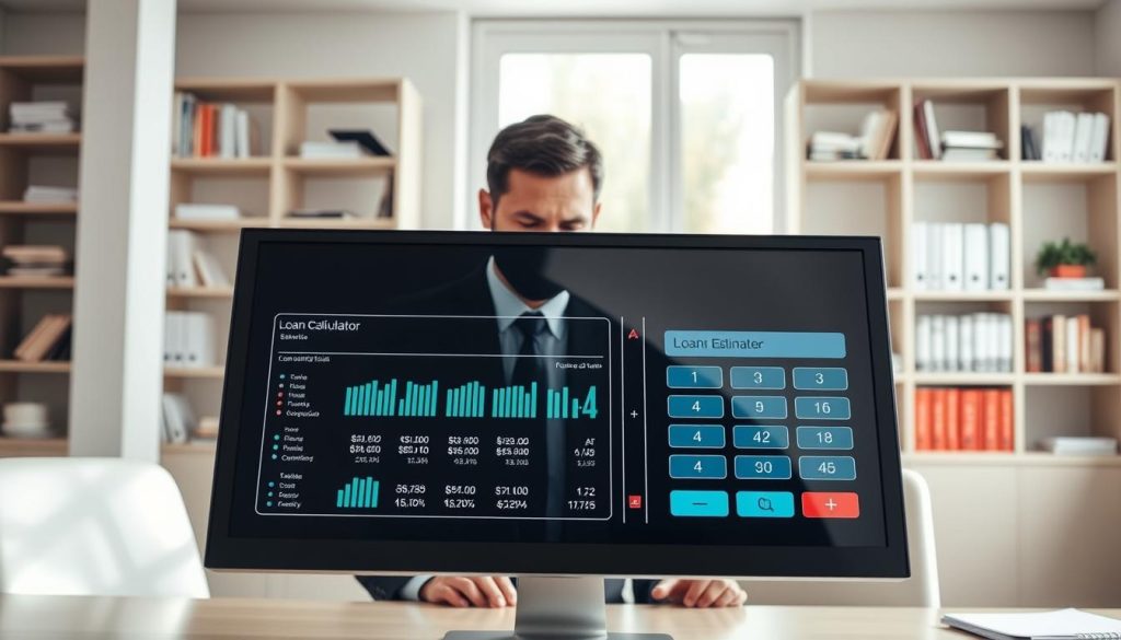 A professional office environment depicting a loan calculator interface on a modern computer screen in the foreground. The screen shows a graphical representation of loan estimates with various figures and graphs. In the middle, a focused business professional, dressed in smart attire, analyzes the information intently. The background features a well-lit office space with shelves filled with finance books and documents, hinting at thorough research and expertise. Natural light filters in through a window, creating a bright, optimistic atmosphere. The overall mood is one of inquiry and contemplation, emphasizing the contrast between estimated loan results and actual approvals within the financial industry.