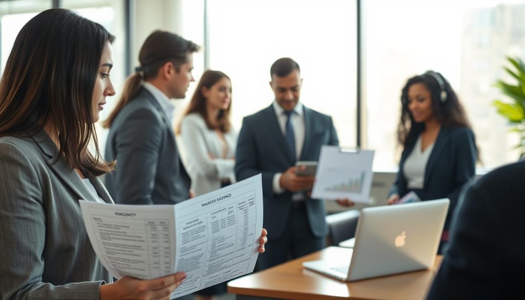 A professional office environment featuring a diverse group of individuals engaged in a meeting about financial transparency. In the foreground, a woman in business attire is reviewing a document that outlines debts, credit cards, and loan information, her expression focused and thoughtful. In the middle ground, a man in professional clothing is presenting graphs and charts on a laptop, illustrating the importance of honesty in financial disclosures. The background shows a modern office with large windows, allowing soft natural light to fill the room, casting gentle shadows that create a serious yet hopeful atmosphere. The overall mood conveys a sense of responsibility and the significance of clear communication regarding debts and financial obligations.