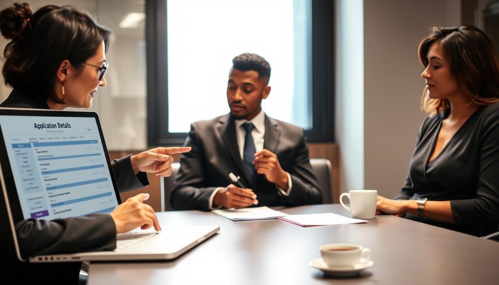 A professional office environment, featuring a diverse group of three individuals engaged in a focused discussion about loan application processes. In the foreground, a middle-aged Asian woman in a smart business suit is pointing to a laptop screen displaying a detailed form labeled "Application Details." Beside her, a young Black man in formal attire is taking notes, while a Hispanic woman in a professional dress nods attentively. The middle background shows a sleek conference table with a few documents and a cup of coffee. The lighting is bright, giving a warm and inviting feel, with natural light filtering in from a large window. The atmosphere is serious yet collaborative, reflecting the importance of providing accurate information for loan applications, emphasizing honesty and professionalism.