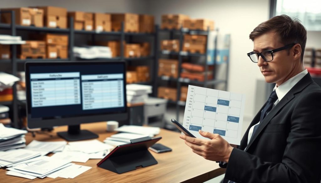 A professional office environment featuring a split-screen view: on the left, a cluttered desk with paper documents and a computer displaying mismatched order and shipping data; on the right, a digital tablet showing an organized calendar with delivery dates. In the foreground, a business person in professional attire (a suit and glasses) looks concerned as they hold a smartphone, highlighting the stress of synchronizing information. Soft, diffused lighting illuminates the scene, creating a tense atmosphere. In the background, blurred shelves filled with logistics materials, emphasizing the complexity of multi-platform delivery systems. The image captures the risk and confusion of unsynchronized order and shipment data, without text or distractions.