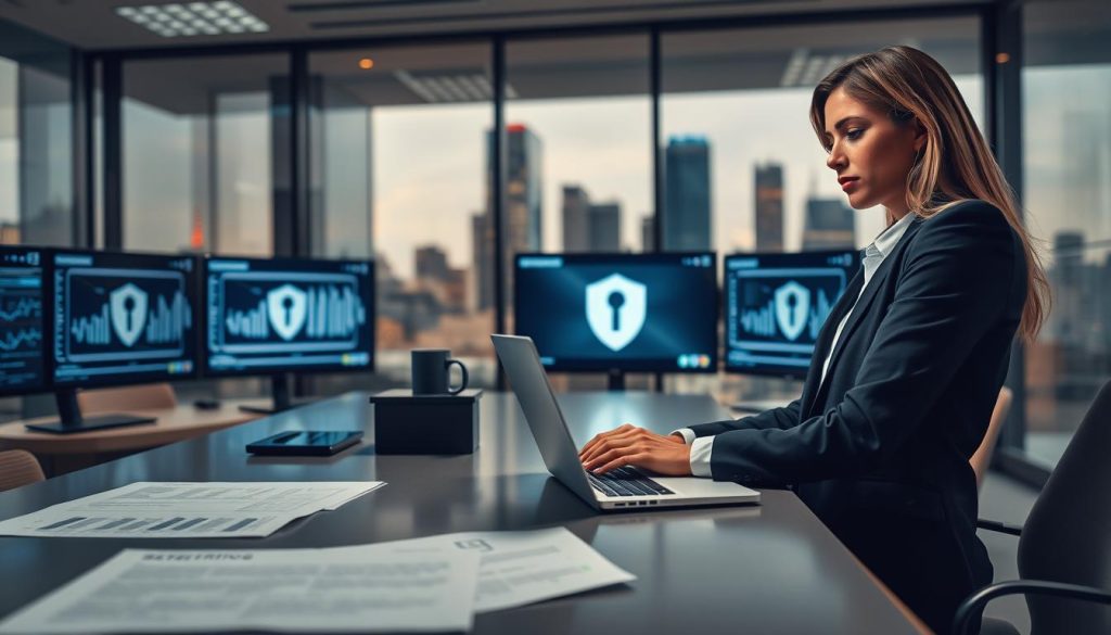 A professional office environment focused on data security. In the foreground, a confident businesswoman in professional attire types on a laptop, surrounded by multiple monitors displaying security graphs and data encryption codes. The middle ground features a large conference table with business documents about privacy policies and security measures. In the background, glass walls show a modern city skyline, emphasizing innovation. The atmosphere is intense yet optimistic, accentuated by soft, warm office lighting and a slight depth of field that blurs the outside, directing attention to the subject. The overall mood conveys diligence, expertise, and the importance of safeguarding personal information during lending processes. A professional office environment focused on data security. In the foreground, a confident businesswoman in professional attire types on a laptop, surrounded by multiple monitors displaying security graphs and data encryption codes. The middle ground features a large conference table with business documents about privacy policies and security measures. In the background, glass walls show a modern city skyline, emphasizing innovation. The atmosphere is intense yet optimistic, accentuated by soft, warm office lighting and a slight depth of field that blurs the outside, directing attention to the subject. The overall mood conveys diligence, expertise, and the importance of safeguarding personal information during lending processes.
