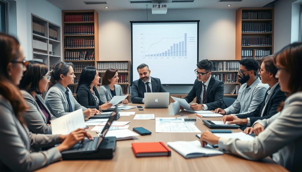 A professional office environment showcasing a bank audit scenario. In the foreground, a diverse group of business professionals in formal attire are engaged in a discussion, surrounded by financial documents, laptops, and calculators. The middle ground features a large conference table with charts and graphs displayed on a projector. In the background, shelves lined with books on finance and economics create an intellectual atmosphere. Soft, ambient lighting illuminates the space, giving it a serious yet inviting mood. Shot with a shallow depth of field to focus on the professionals while slightly blurring the background, evoking a sense of collaboration and diligence in the financial sector.