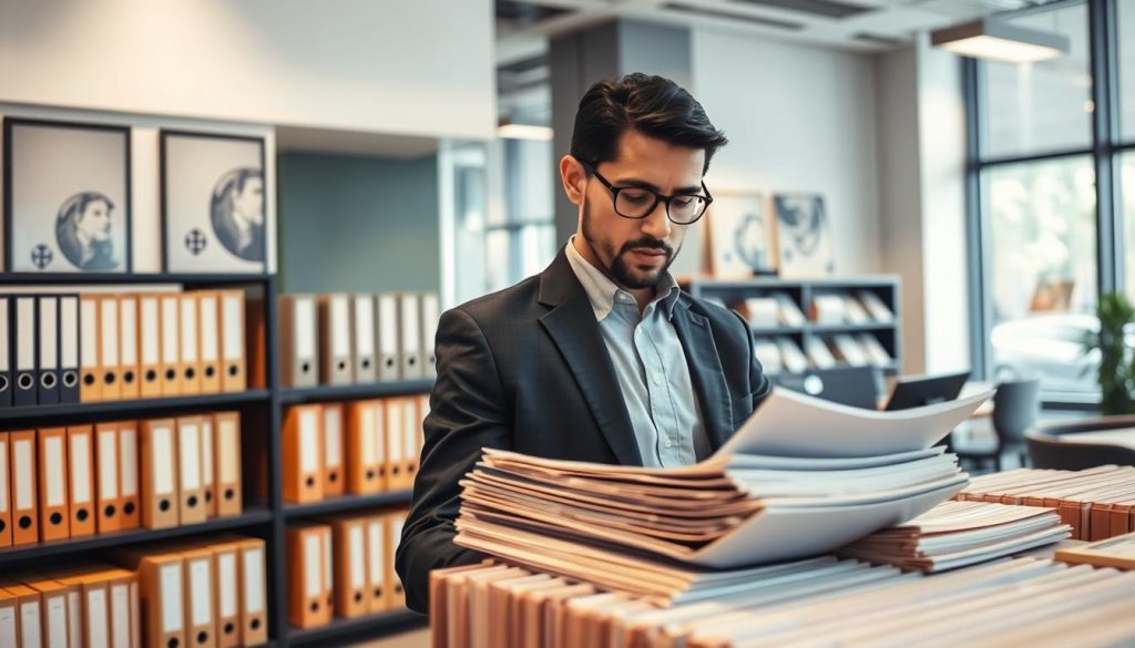 A professional office environment showcasing a bank's document management area, focusing on neatly organized loan files and confidential records. In the foreground, a focused employee in business attire is reviewing loan folders, highlighting their importance in record retention. The middle ground features shelves filled with labeled file boxes and binders, neatly arranged and categorized. The background captures modern office design with walls adorned with subtle financial-themed artwork and large windows allowing natural light to filter in, creating an open and inviting atmosphere. The lighting is warm and soft, enhancing the professional ambiance. The mood is serious yet efficient, emphasizing the crucial nature of maintaining loan documents securely over time.