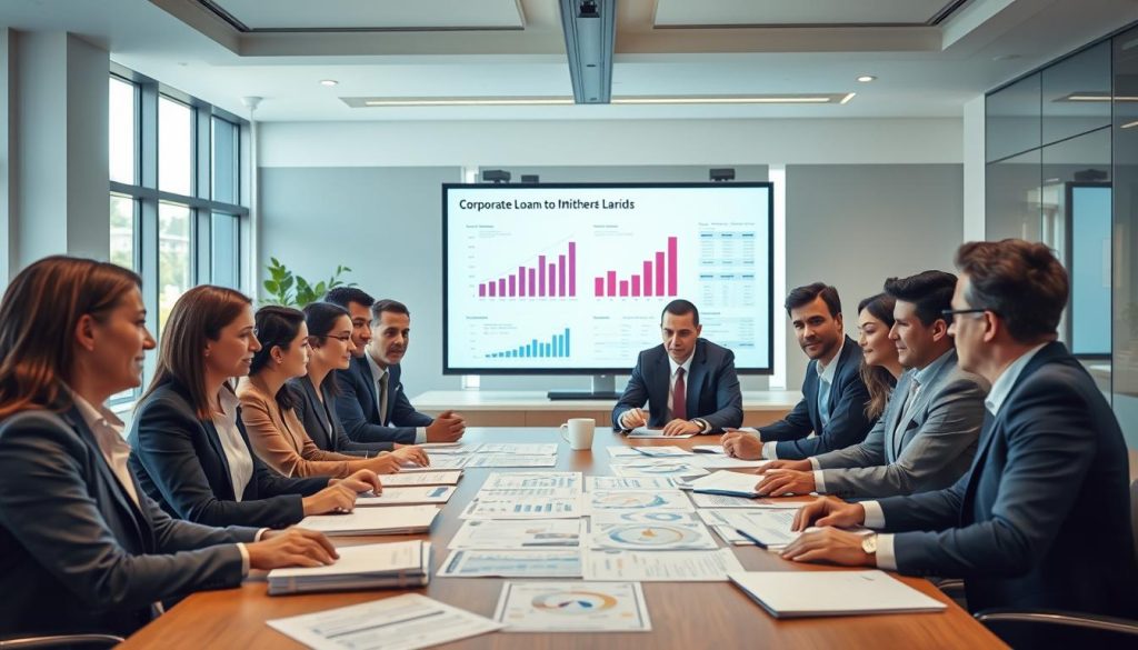 A professional office environment showcasing a corporate loan assessment scene. In the foreground, a diverse group of business professionals, dressed in smart business attire, are engaged in a focused discussion around a conference table covered with documents and charts depicting financial data. In the middle, a large screen displays graphs and indicators related to loan eligibility and thresholds, highlighting key metrics. The background features modern office decor with large windows allowing natural light to fill the room, adding warmth to the setting. The atmosphere is serious yet collaborative, emphasizing the importance of evaluating corporate loan limits with a sense of diligence and professionalism. The lighting is bright yet soft, creating an inviting and motivating workspace. A professional office environment showcasing a corporate loan assessment scene. In the foreground, a diverse group of business professionals, dressed in smart business attire, are engaged in a focused discussion around a conference table covered with documents and charts depicting financial data. In the middle, a large screen displays graphs and indicators related to loan eligibility and thresholds, highlighting key metrics. The background features modern office decor with large windows allowing natural light to fill the room, adding warmth to the setting. The atmosphere is serious yet collaborative, emphasizing the importance of evaluating corporate loan limits with a sense of diligence and professionalism. The lighting is bright yet soft, creating an inviting and motivating workspace.