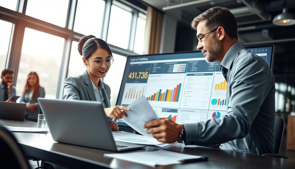 A professional office environment showcasing a diverse group of business people analyzing financial documents and charts. In the foreground, a young Asian female financial analyst in a smart business outfit is seated at a conference table, examining a laptop and pointing at financial graphs. Next to her, a middle-aged Caucasian male advisor gestures towards a large-screen monitor displaying colorful data visualizations related to loan feasibility assessments, including graphs and key metrics. The background features large windows letting in natural light, creating a bright and optimistic atmosphere. The lens should be slightly wide-angle to capture the collaborative mood in the room, with a focus on teamwork and analysis, emphasizing the gravity of evaluating loan eligibility for unprofitable companies.