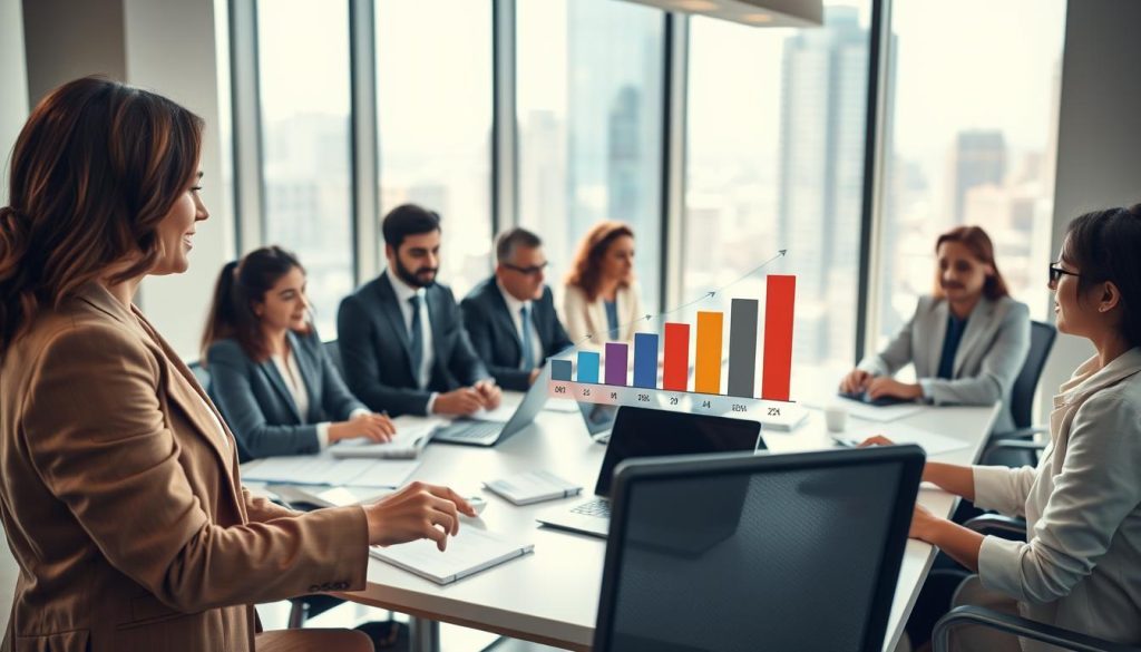A professional office environment showcasing a diverse group of people in business attire engaged in a collaborative discussion around a large conference table. In the foreground, a confident woman points at a chart displaying upward trends in approval rates, highlighting successful strategies. The middle ground features a diverse group of colleagues, including men and women of various ethnicities, discussing documents and exchanging ideas, with laptops and reports scattered on the table. In the background, large windows reveal a cityscape bathed in bright daylight, signaling a positive mood. Soft, natural lighting illuminates the scene, creating an inviting atmosphere, while the composition invites viewers to feel inspired by teamwork and strategic discussions in the pursuit of efficiency and success.