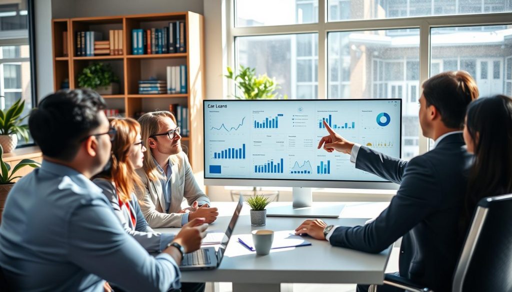 A professional office environment showcasing a financial advisor at a sleek desk, analyzing loan options on a modern computer screen filled with graphs and charts. In the foreground, a diverse group of clients, dressed in smart business attire, discusses their loan application strategies. The advisor is pointing at a crucial data point, with bright natural light streaming through large windows, creating a warm and welcoming atmosphere. In the background, shelves filled with financial books and decorative plants add a touch of professionalism. The image captures a sense of collaboration and guidance, emphasizing informed decision-making in loan applications, with a focus on selecting the right products and amounts.