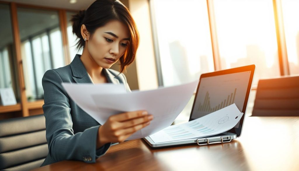 A professional office environment showcasing a loan approval process. In the foreground, an Asian businesswoman dressed in smart business attire, attentively reviewing a document on a modern desk, with a serious expression. In the middle, a laptop displaying financial graphs and a clipboard filled with data reports. The background features a glass window with a city skyline, softly illuminated by natural light. Warm, inviting tones fill the space, creating a focused and diligent atmosphere. The composition highlights efficiency and readiness, emphasizing themes of due diligence and preparation for credit investigations. Capture the moment with a slight depth of field, making the foreground stand out against the softly blurred background.