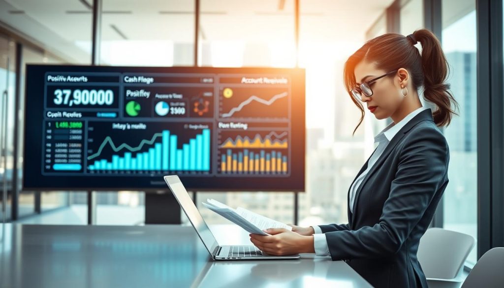 A professional office environment showcasing cash flow management. In the foreground, a well-dressed businesswoman, focused and analyzing documents on a modern laptop, representing diligence in financial management. In the middle ground, a large digital screen displaying animated graphs and charts with positive cash flow metrics and accounts receivable data. The background features a sleek office with glass walls, a cityscape visible outside, suggesting a vibrant business atmosphere. Soft, natural lighting streams in through the windows, creating a warm, productive mood. Capture the scene from a slightly elevated angle to emphasize the strategic elements of financial analysis and planning.