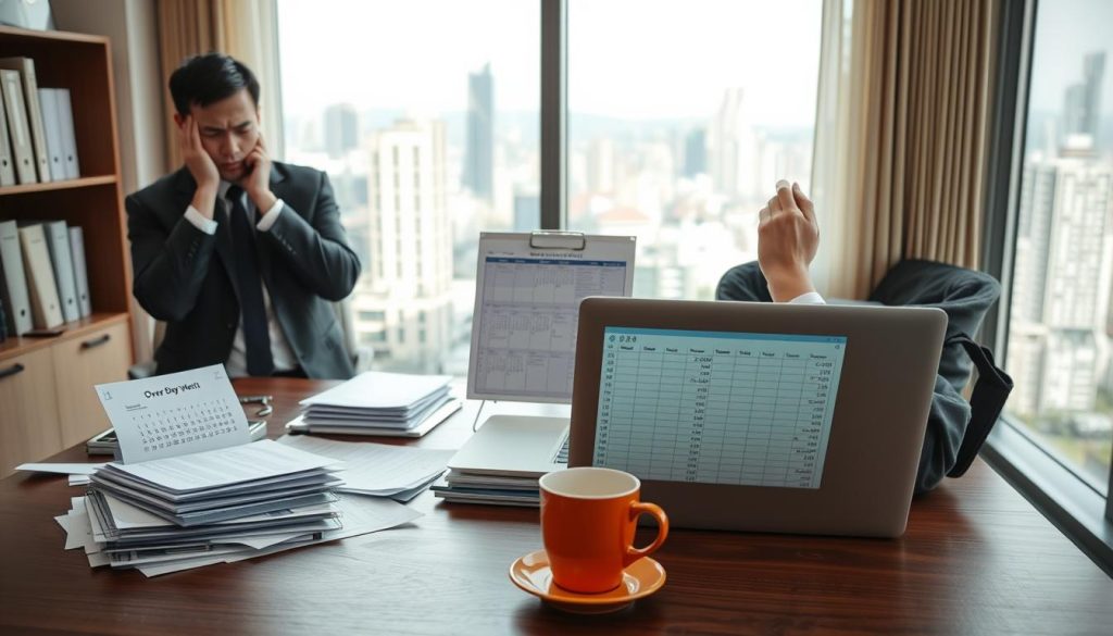 A professional office environment showcasing common reasons for late mortgage payments in Taiwan. In the foreground, a distressed individual, dressed in smart business attire, examines a stack of bills and a laptop with an open spreadsheet displaying overdue payments. In the middle, a cluttered desk with documents, a calendar marked with deadlines, and a coffee cup, symbolizing the stress of financial obligations. In the background, a large window reveals a bustling cityscape, capturing the essence of urban life in Taiwan. The lighting is soft but focused on the desk, creating a tense yet contemplative atmosphere. The overall mood reflects concern and urgency, highlighting the serious implications of late payments without being overly dramatic. A professional office environment showcasing common reasons for late mortgage payments in Taiwan. In the foreground, a distressed individual, dressed in smart business attire, examines a stack of bills and a laptop with an open spreadsheet displaying overdue payments. In the middle, a cluttered desk with documents, a calendar marked with deadlines, and a coffee cup, symbolizing the stress of financial obligations. In the background, a large window reveals a bustling cityscape, capturing the essence of urban life in Taiwan. The lighting is soft but focused on the desk, creating a tense yet contemplative atmosphere. The overall mood reflects concern and urgency, highlighting the serious implications of late payments without being overly dramatic.