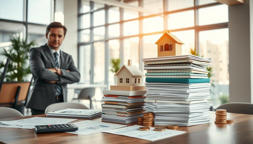 A professional office environment showcasing the concept of secured loans. In the foreground, a confident business professional in a sharp suit stands beside a table filled with financial documents and a calculator, indicating seriousness. The middle of the scene includes a large stack of various collateral items, such as a car, a house icon, and valuable assets, all representing the idea of collateral. The background features a modern office with large windows allowing natural light to filter in, casting soft shadows and creating an inviting atmosphere. The mood is serious yet optimistic, emphasizing the importance of evaluating all loan conditions, not just collateral. Use a wide-angle lens to capture the depth of the setting, focusing on clarity and professionalism.