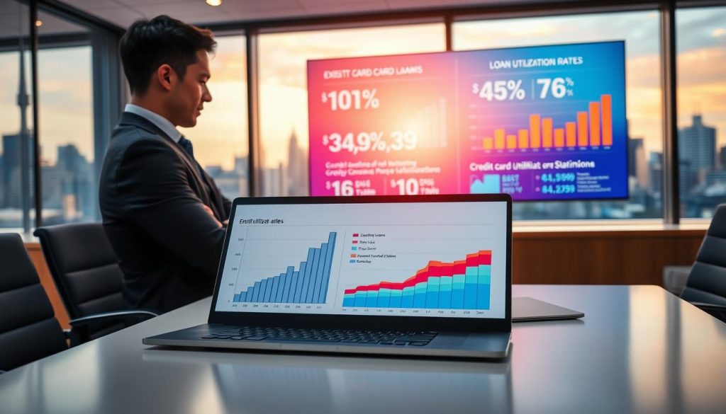 A professional office environment with a neatly arranged desk featuring a modern laptop displaying graphs and charts related to loan utilization rates. In the foreground, a person in business attire is analyzing the data on the screen, with a focused expression. The middle ground shows a large screen on the wall displaying visual statistics of existing loans, credit card limits, and their impacts on utilization rates, depicted in vibrant colors and clear graphics. The background features a panoramic window with a city skyline, illuminated by soft, warm afternoon light that creates a productive and optimistic atmosphere. The overall mood conveys professionalism, diligence, and financial insight, inviting viewers to consider the importance of credit management.