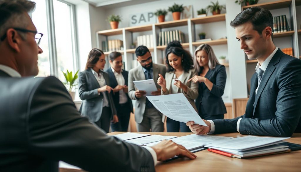 A professional office scene focused on a loan application process. In the foreground, a well-dressed financial advisor, wearing a tailored suit, is seated at a desk, reviewing paperwork with a look of concentration. The middle ground features a diverse group of clients, dressed in smart casual attire, engaging in discussion and pointing at documents with expressions of both concern and consideration. The background displays shelves filled with financial books and potted plants, adding a welcoming touch to the environment. Soft, natural lighting filters through a window, casting gentle shadows and giving the scene an inviting atmosphere. The perspective is slightly angled from the side to emphasize the interaction, creating a sense of depth while keeping the focus on the loan application materials spread across the desk. A professional office scene focused on a loan application process. In the foreground, a well-dressed financial advisor, wearing a tailored suit, is seated at a desk, reviewing paperwork with a look of concentration. The middle ground features a diverse group of clients, dressed in smart casual attire, engaging in discussion and pointing at documents with expressions of both concern and consideration. The background displays shelves filled with financial books and potted plants, adding a welcoming touch to the environment. Soft, natural lighting filters through a window, casting gentle shadows and giving the scene an inviting atmosphere. The perspective is slightly angled from the side to emphasize the interaction, creating a sense of depth while keeping the focus on the loan application materials spread across the desk.