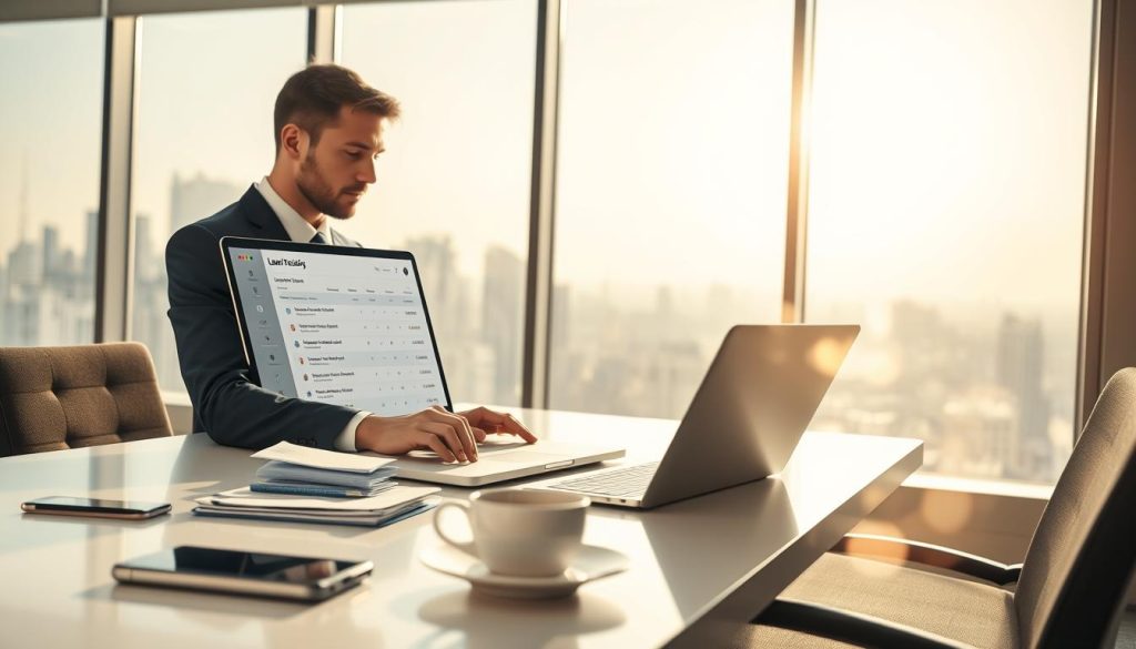 A professional office scene illustrating the concept of loan progress inquiry. In the foreground, a business person, dressed in professional attire, is seated at a sleek desk, looking intently at a laptop screen displaying a loan tracking application interface. The middle layer shows a neatly organized workspace with documents, a smartphone, and a steaming cup of coffee. In the background, large windows reveal a cityscape, with bright sunlight streaming in, creating a warm and optimistic atmosphere. The overall mood should convey a sense of diligence and professionalism, emphasizing the importance of tracking loan applications effectively. The composition should be well-lit, with a balanced depth of field to focus on the person and their actions.