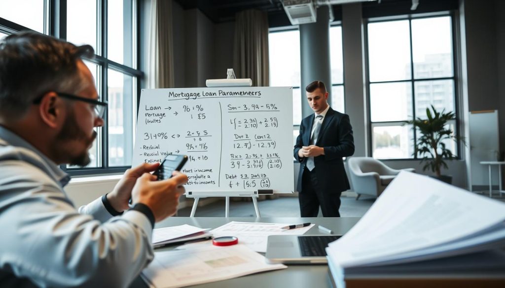 A professional office setting depicting a financial consultant analyzing mortgage loan parameters. In the foreground, a focused individual in business attire uses a calculator and laptop, surrounded by documents with graphs and figures. In the middle, a detailed whiteboard features sketches of loan percentage calculations, residual value estimates, and debt-to-income ratios, all presented in a clear, organized manner. The background showcases modern office decor with large windows allowing natural light to flood the room, creating a bright and inviting atmosphere. Soft, diffused lighting enhances the professional mood, while the angle is slightly tilted downwards to capture the depth of the workspace and the importance of the calculations being made. A professional office setting depicting a financial consultant analyzing mortgage loan parameters. In the foreground, a focused individual in business attire uses a calculator and laptop, surrounded by documents with graphs and figures. In the middle, a detailed whiteboard features sketches of loan percentage calculations, residual value estimates, and debt-to-income ratios, all presented in a clear, organized manner. The background showcases modern office decor with large windows allowing natural light to flood the room, creating a bright and inviting atmosphere. Soft, diffused lighting enhances the professional mood, while the angle is slightly tilted downwards to capture the depth of the workspace and the importance of the calculations being made.