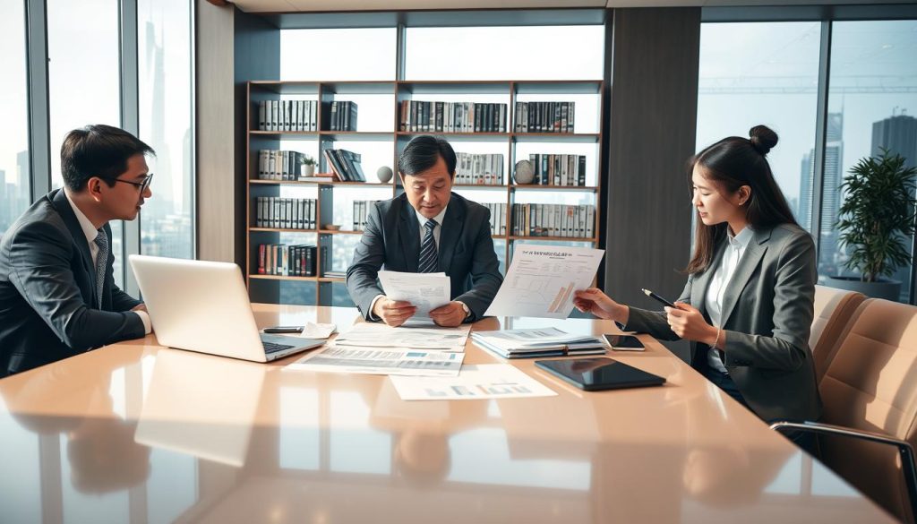 A professional office setting depicting a meeting about business loans in Taiwan. In the foreground, a diverse group of three business professionals, dressed in formal attire, are gathered around a sleek conference table examining financial documents and charts. A middle-aged Asian man gestures towards a laptop, explaining the loan application process while a young woman takes notes. In the middle, shelves lined with books on finance and business management, adding to the scholarly atmosphere. The background features large windows letting in natural light, with a view of Taiwan’s skyline. The lighting is warm and inviting, creating a mood of collaboration and determination as they discuss options for acquiring a business loan.