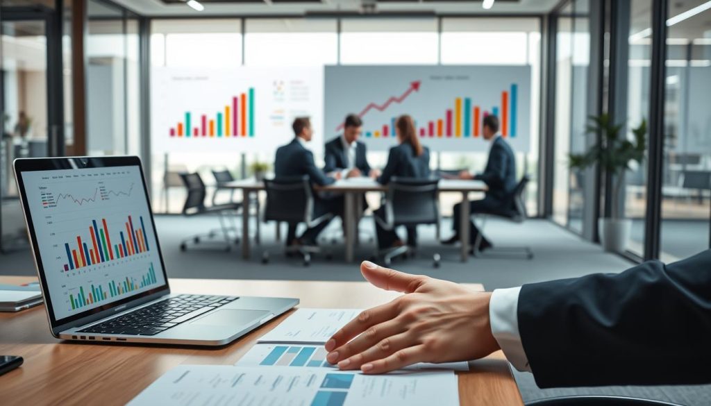 A professional office setting depicting the concept of "business revenue definition." In the foreground, an organized desk with a laptop displaying financial graphs and charts. A pair of hands, elegantly dressed in formal attire, gestures towards a large chart illustrating revenue trends, made up of various colorful bar graphs and pie charts. In the middle ground, a sleek conference table surrounded by business professionals in business suits, engaged in a discussion about financial metrics. The background shows a modern office with glass walls, allowing natural light to flood the room, enhancing a vibrant atmosphere of productivity and collaboration. The overall mood is focused and analytical, capturing the essence of business revenue analysis.
