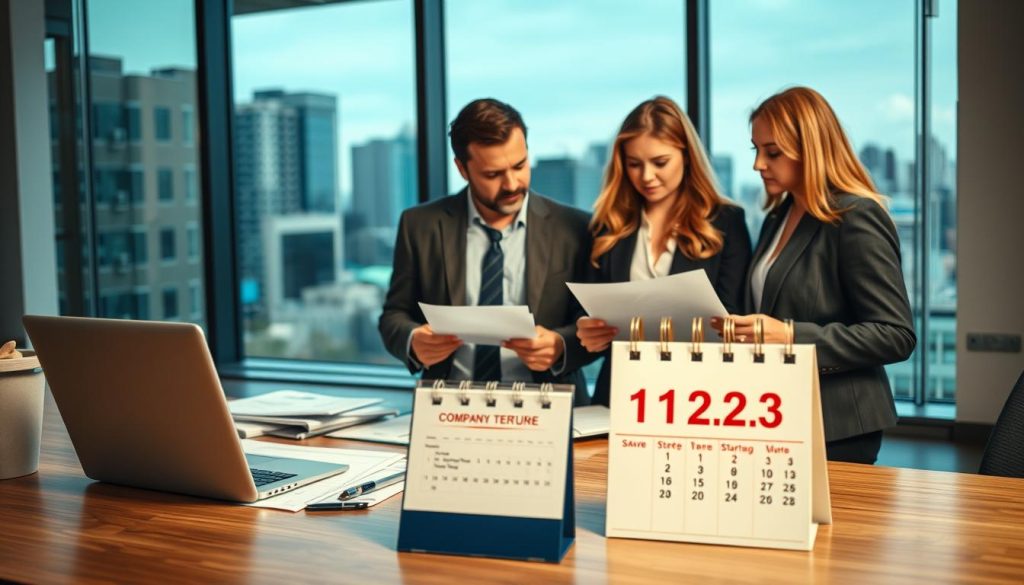 A professional office setting depicting the concept of "company tenure." In the foreground, there’s a modern desk with a laptop, financial reports, and a calendar highlighting a recent startup date. In the middle ground, a diverse group of three professionals in business attire—one male and two females—are engaged in a serious discussion, reviewing documents and collaborating on strategies. The background features a large window with cityscape views, allowing natural light to illuminate the space, creating an energetic atmosphere. The overall mood is focused and collaborative, emphasizing the importance of experience and time in business operations. The scene should be well-balanced, with attention to detail in expressions and body language, showcasing determination and professionalism.