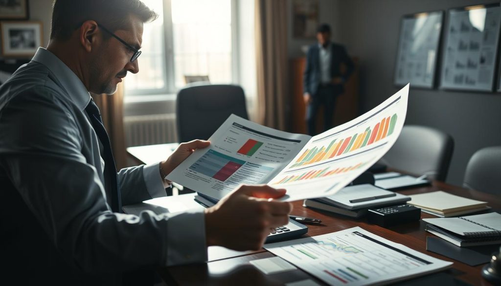 A professional office setting depicting the theme of financial report embellishment risks. In the foreground, a businessperson in professional attire is examining a colorful, overly polished financial report, highlighting discrepancies with a concerned expression. The middle ground features a cluttered desk with various financial documents, spreadsheets, and a calculator, alongside a blurred image of an ominous shadowy figure representing manipulation lurking just beyond the desk. The background shows a large window with daylight streaming in, casting a serious atmosphere on the room. The lighting is bright and focused on the report, creating a contrast with darker tones in the shadows to evoke a sense of caution and risk. The overall mood is tense and professional, underscoring the theme of legal and credit risks associated with improper financial presentation.