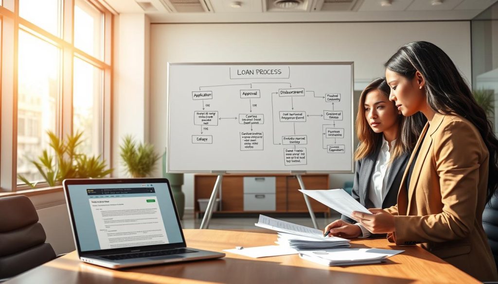 A professional office setting featuring a detailed visual representation of the loan process. In the foreground, a diverse group of three individuals in business attire—one male and two females—discussing documents and a laptop displaying a loan application. In the middle ground, a whiteboard with flowcharts showing the steps of the loan application process like "Application," "Approval," and "Disbursement." The background consists of a modern office space with large windows, allowing natural light to flood the room, creating a bright and inviting atmosphere. Soft shadows enhance the depth of the scene. The mood is reflective and contemplative, illustrating the moment where individuals consider pausing their loan application with a sense of thoughtfulness and professionalism.