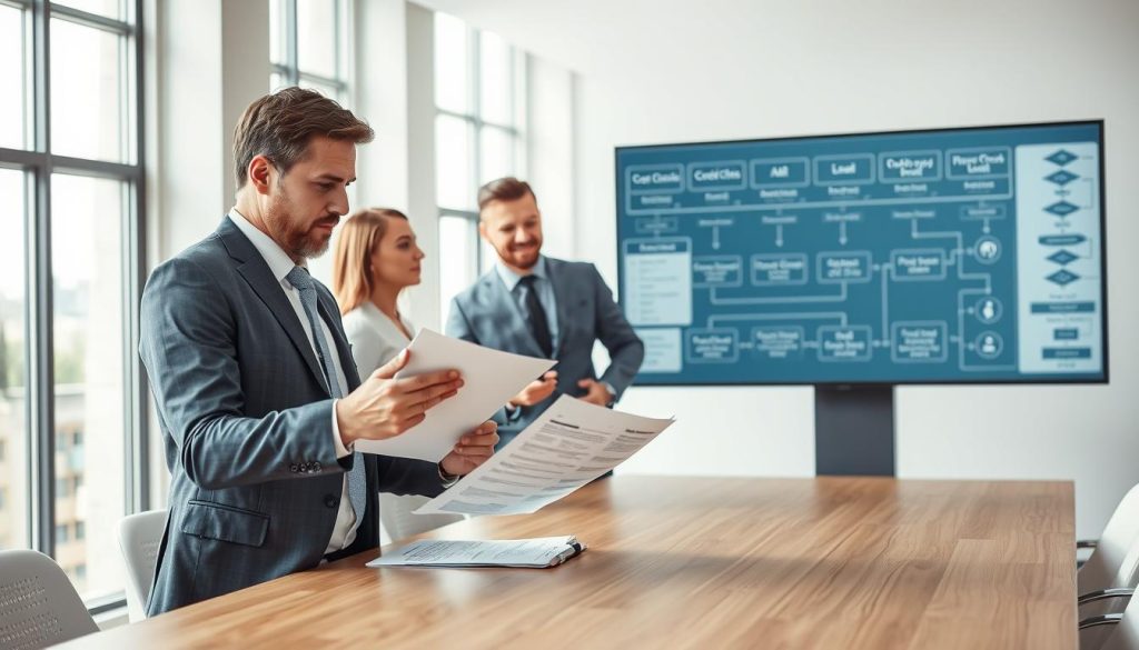 A professional office setting featuring a diverse group of four business professionals interacting around a conference table. In the foreground, a man in a tailored suit is analyzing a document with a thoughtful expression, while a woman in smart business attire gestures as she explains important points. In the middle, another man is seated, engaged in conversation, showing interest, and a woman stands beside a large screen displaying flowcharts and data related to credit checks and loan processes. The background reveals a modern office with bright, natural daylight streaming through large windows, fostering a collaborative atmosphere. The overall mood is one of productivity and teamwork, with a focus on the task at hand. The image should convey urgency, professionalism, and clarity.