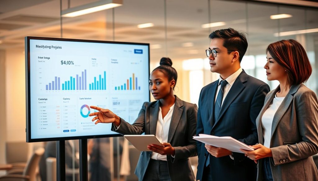A professional office setting featuring a diverse group of individuals analyzing a digital report on a large screen. In the foreground, a confident Asian man in a neatly pressed suit gestures towards the screen, pointing out key data points. To his left, a woman of African descent wearing a smart blazer takes notes on a tablet, while another colleague, a Caucasian woman in business casual attire, reviews printed documents. The background shows a modern office interior with glass walls, softly lit to create a calm atmosphere, emphasizing focus and professionalism. The composition captures a collaborative environment, reflecting the theme of analysis and inquiry, with warm lights accentuating the serious tone of the discussion.