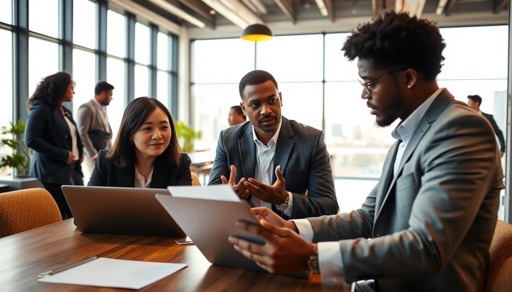 A professional office setting featuring a diverse group of individuals discussing a home loan application. In the foreground, a middle-aged Asian woman in business attire reviews documents on a wooden table, looking focused. Beside her, a young Black man in a suit gestures as he explains points from a laptop. The middle ground shows a large, well-lit conference room with modern decor. In the background, large windows let in natural light, creating a bright atmosphere with a view of a city skyline. The overall mood is collaborative and serious, conveying the importance of understanding how existing credit affects loan approval outcomes. The lighting is warm and inviting, highlighting the professionalism of the scene. A professional office setting featuring a diverse group of individuals discussing a home loan application. In the foreground, a middle-aged Asian woman in business attire reviews documents on a wooden table, looking focused. Beside her, a young Black man in a suit gestures as he explains points from a laptop. The middle ground shows a large, well-lit conference room with modern decor. In the background, large windows let in natural light, creating a bright atmosphere with a view of a city skyline. The overall mood is collaborative and serious, conveying the importance of understanding how existing credit affects loan approval outcomes. The lighting is warm and inviting, highlighting the professionalism of the scene.