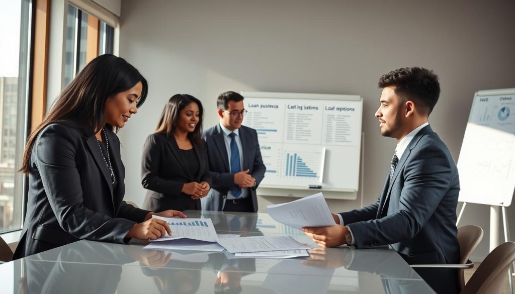 A professional office setting featuring a diverse group of individuals in business attire engaged in a discussion about small business financing. In the foreground, two business professionals—a middle-aged Asian woman and a young Black man—are intently reviewing documents and financial charts on a sleek conference table. The middle ground showcases a large window allowing natural light to flood in, highlighting the urban landscape outside. In the background, a whiteboard displays financial strategies and loan options. The overall atmosphere is one of collaboration and determination, with soft, warm lighting enhancing the focus on teamwork. The composition should evoke a sense of trust and ambition, making it clear that they are exploring options for small business agency loans in a supportive environment.