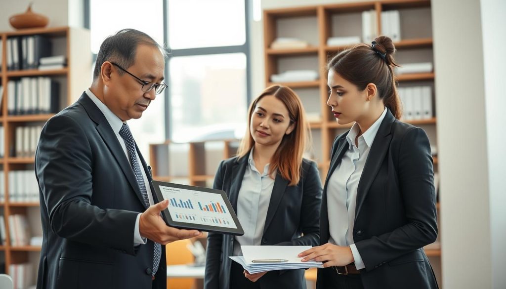 A professional office setting featuring a financial advisor and a client engaged in a discussion. In the foreground, the financial advisor, a middle-aged Asian man in a tailored suit, is pointing at a tablet displaying financial charts related to credit checks. The client, a young woman in business casual attire, looks thoughtfully at the screen. In the background, shelves filled with financial books and documents create a sense of authority. Soft, natural lighting filters through large windows, providing a warm, inviting atmosphere. The composition should use a slight depth of field to focus on the interaction while blurring the background slightly, enhancing the sense of privacy and professionalism in this financial consultation scene.