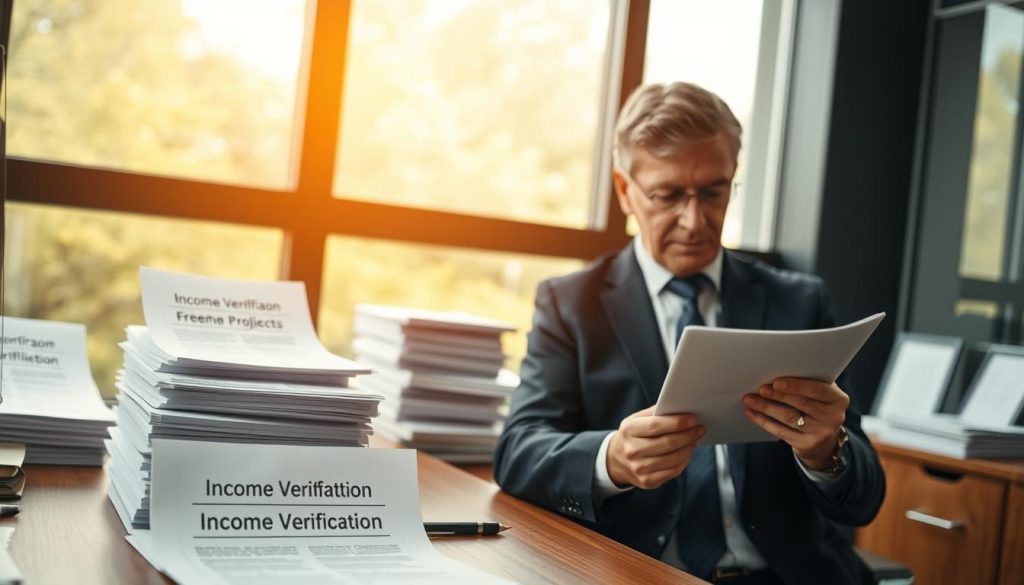 A professional office setting featuring a neatly organized desk with documents labeled "Income Verification" prominently displayed. In the foreground, a well-dressed individual, a middle-aged person in a smart suit, examines the papers, showcasing a focused expression. In the middle ground, there are blurred stacks of additional paperwork, illustrating the varying job types: a contract, freelance project details, and a full-time employment letter, symbolizing stability in different work styles. Behind the desk, a large window allows soft natural light to flood in, creating a warm, inviting atmosphere. The scene conveys a sense of professionalism, organization, and clarity, highlighting the importance of income stability for banking applications. The angle is slightly angled downwards to emphasize the documents while maintaining a slightly wider view of the environment.