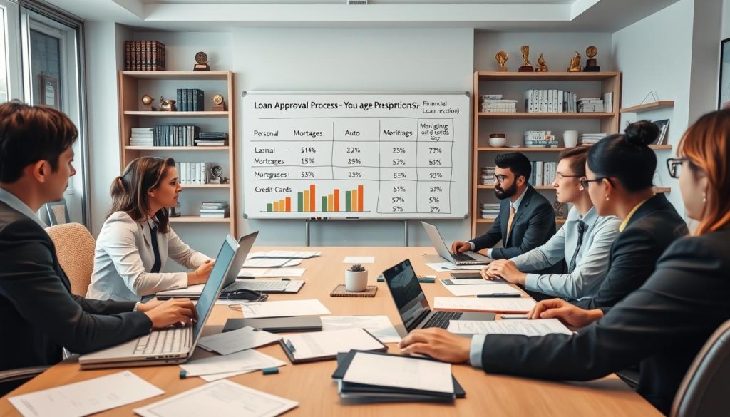 A professional office setting focused on loan approval processes. In the foreground, a diverse group of individuals in business attire engaged in a serious discussion around a conference table cluttered with loan application documents, laptops, and financial charts. The middle ground features a large whiteboard filled with graphs comparing the manual review percentages of different loan products: personal loans, mortgages, auto loans, and credit cards. In the background, shelves with financial books and awards add depth, while soft, diffused lighting creates a serious yet collaborative atmosphere. Capture a slight overhead angle to emphasize the teamwork and analytical focus, ensuring a balanced composition without distractions.
