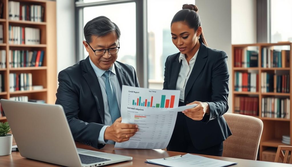 A professional office setting focusing on a diverse group of individuals discussing financial documents. In the foreground, a middle-aged Asian man in a business suit analyzes a laptop screen, showing credit report data. Beside him, a young Black woman, also in business attire, points to a chart highlighting 'increased inquiries' to illustrate the concept of "聯徵查詢變多." In the middle ground, a window reveals a city skyline, with soft natural daylight illuminating the scene. In the background, a bookshelf filled with finance-related books adds depth and context. The atmosphere is serious yet collaborative, emphasizing the importance of understanding credit inquiries' impacts on financial health. Use a slightly angled perspective for a dynamic feel.