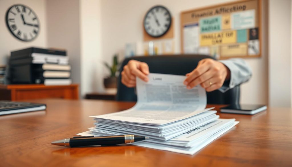A professional office setting focusing on a loan application process. In the foreground, a neatly organized wooden desk with a stack of loan application forms and a pen. In the middle, a pair of hands, dressed in business attire, carefully reviewing the forms, conveying a sense of decision-making and scrutiny. Soft, warm lighting illuminates the scene, creating a comforting and serious atmosphere. In the background, out-of-focus elements like a wall clock and a bulletin board with financial tips hint at a busy office environment, emphasizing urgency and professionalism. The overall mood conveys diligence and focus in the loan application procedure, inviting the viewer to contemplate the process.