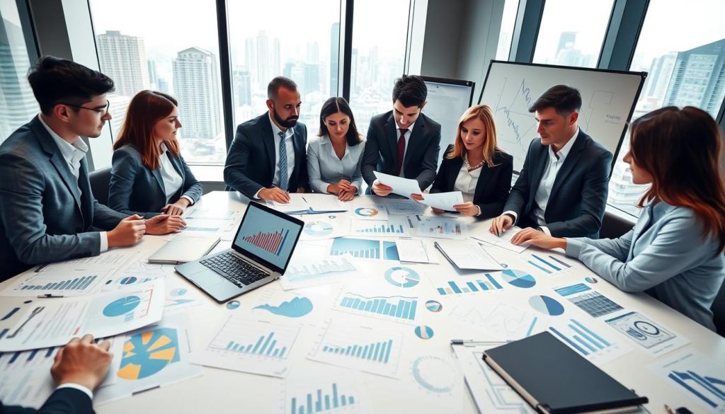 A professional office setting focusing on risk management within banking. In the foreground, a diverse group of business professionals, dressed in smart business attire, engage in a discussion over financial documents and charts. The middle ground features a large conference table covered with reports, a laptop displaying risk analytics, and a whiteboard filled with strategic plans. The background depicts a modern bank office, with large windows showing a city skyline, allowing natural light to fill the space, creating an atmosphere of determination and focus. The lighting is soft but bright, enhancing the serious tone of the discussion. The angle should give a slight bird's-eye view, capturing the collaborative atmosphere and meticulous attention to detail in financial assessment.