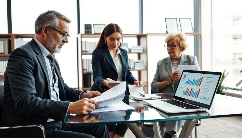 A professional office setting focusing on the loan approval process, featuring a diverse group of three individuals engaged in a discussion. In the foreground, a well-dressed middle-aged man reviews financial documents on a sleek glass table, while a young woman in business attire takes notes, and an older woman gestures towards a laptop screen displaying charts and graphs related to company revenue. The middle ground showcases a modern, large window letting in soft, natural light, enhancing the analytical atmosphere. In the background, shelves filled with financial books and framed certificates add a touch of credibility. The mood is focused and serious, conveying the importance of thorough loan evaluations in corporate finance. The angle captures the group from a slightly elevated perspective, ensuring clarity of their expressions and interactions.