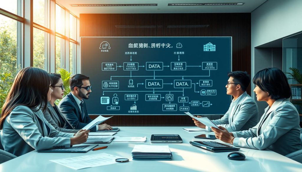 A professional office setting illustrating the concept of "個資授權" (personal data authorization). In the foreground, a diverse group of business professionals in formal attire engaged in a discussion, surrounded by documents and digital devices that display abstract data flows. In the middle, a large digital screen shows an interactive flowchart representing the movement of data within a loan brokerage platform, highlighting security and authorization. The background features sleek office elements with large windows allowing natural light to flood in, creating a warm and inviting atmosphere. Use soft lighting to emphasize collaboration and trust, captured from a slightly elevated angle for a dynamic perspective. The mood should convey professionalism, clarity, and the importance of data privacy in financial transactions.
